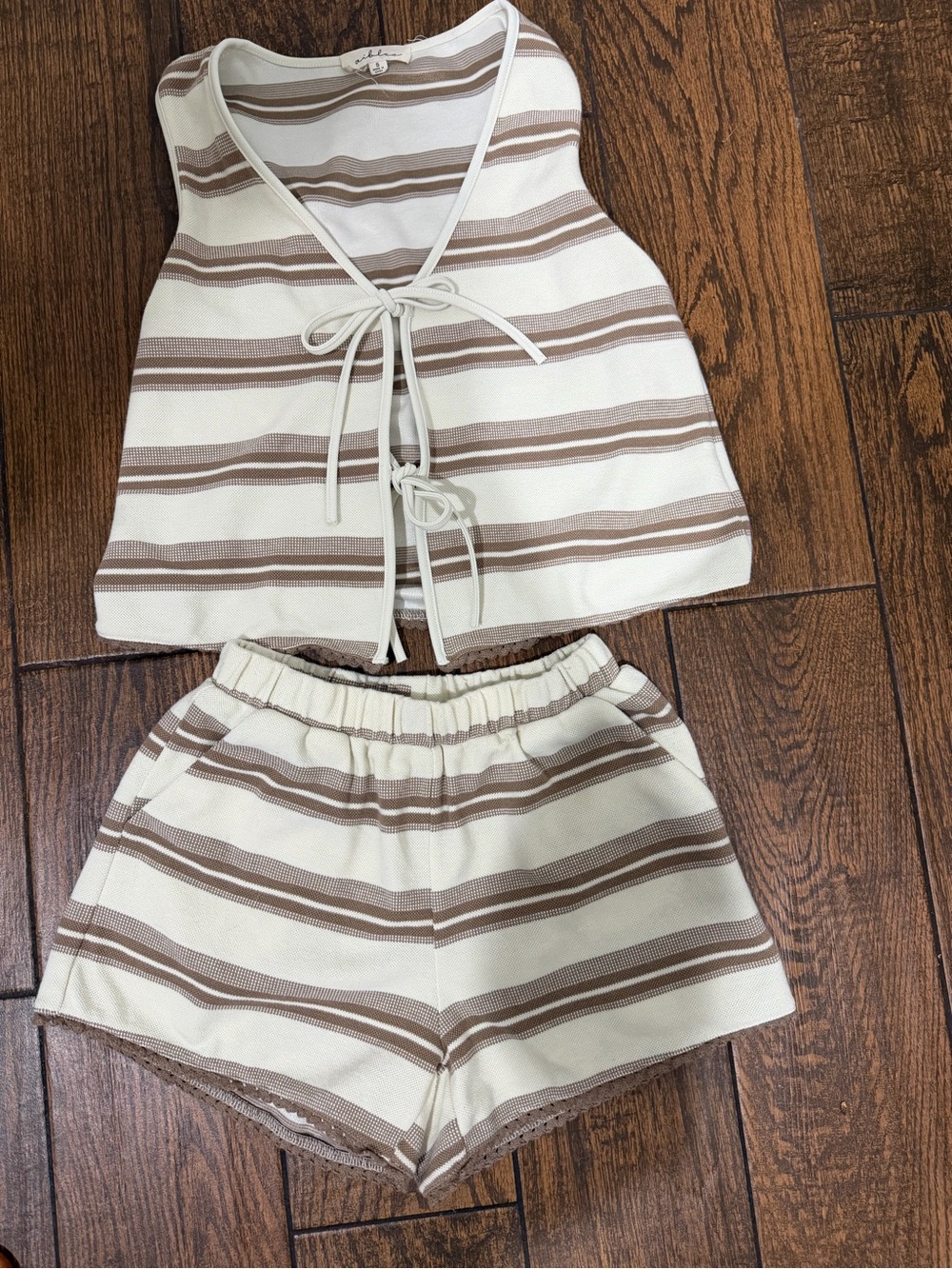 Striped Cream & Brown Tie-Front Pajama Set - Women's Sleepwear